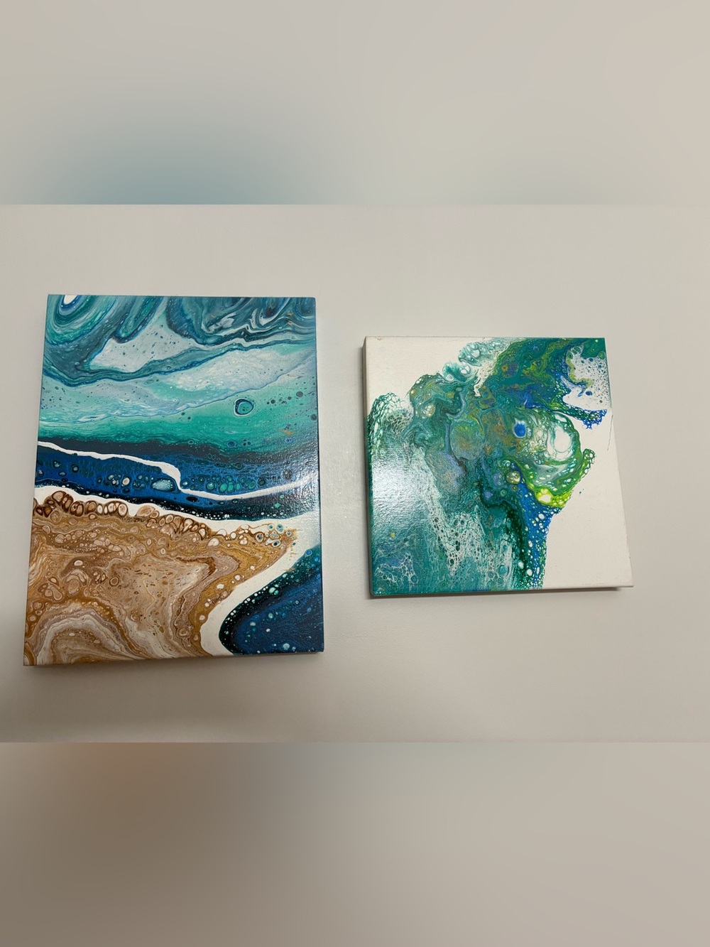 Abstract Ocean Fluid Art Canvas Wall Set in Teal, Blue and White